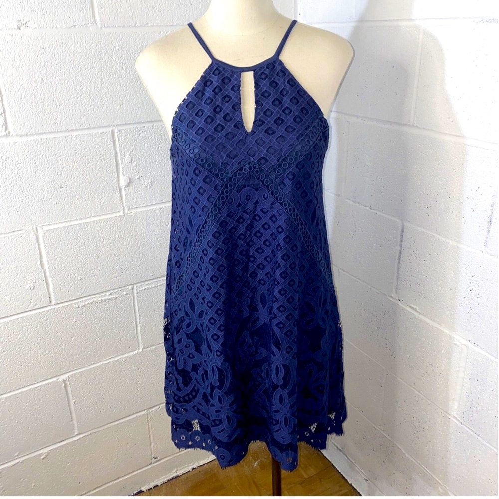Alya blue lace halter a-line mini SIZE M keyhole scalloped edge derby dress
